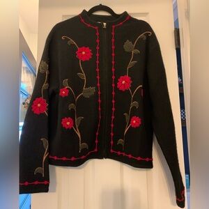 Coldwater Creek Women’s Large Wool Embroidered Zip Up Cardigan Sweater Floral